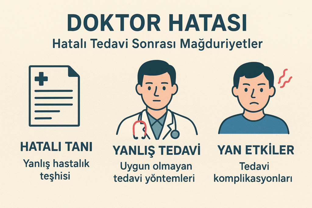 Doktor hatası nedeniyle açılan malpraktis tazminat davası sürecini anlatan infografik.